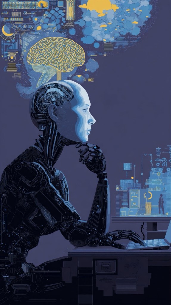 A robotic figure sits contemplatively at a desk, with a laptop in front and a visual representation of a brain above its head, surrounded by digital graphics and data interfaces.