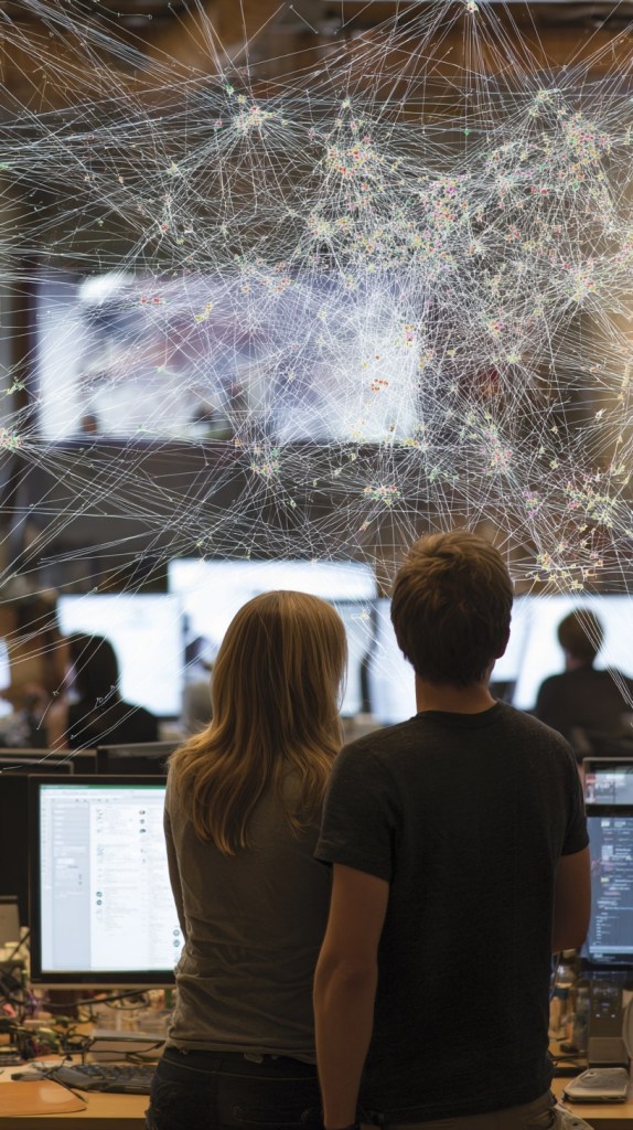 Two individuals standing in front of computer screens, observing a network visualization with interconnected lines and points, symbolizing data integration and cultural insights in AI.