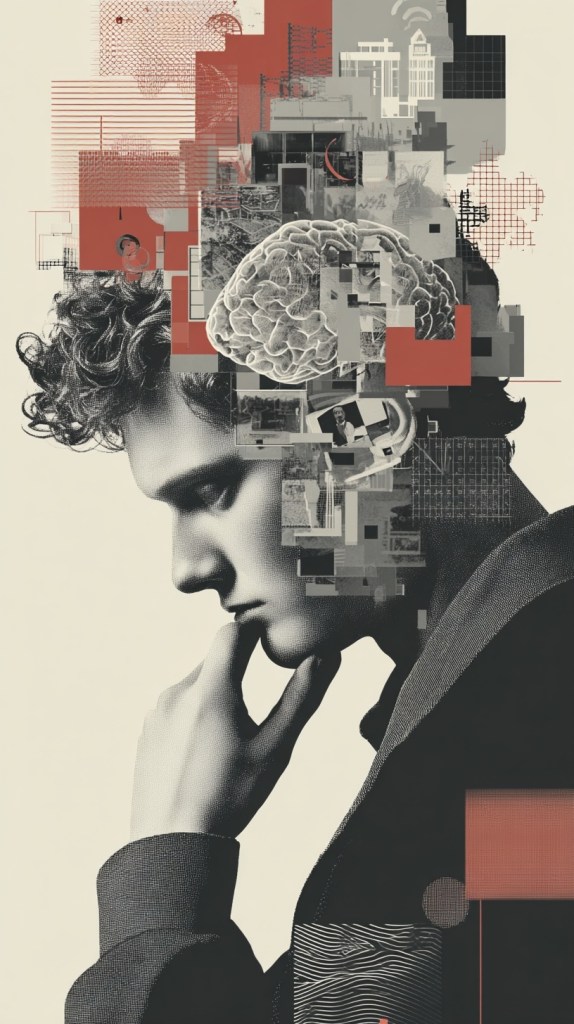 A profile view of a young man thoughtfully resting his chin on his hand, with a collage of abstract shapes and a brain illustration above his head, symbolizing contemplation and creativity.