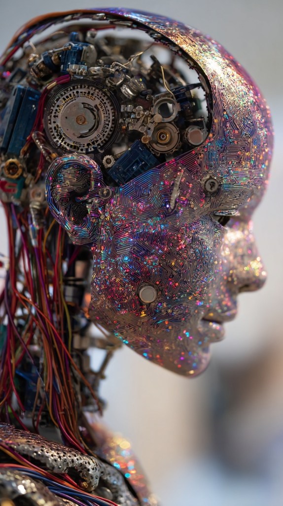 Close-up of a futuristic robotic head displaying intricate circuitry and colorful wiring, symbolizing advanced AI technology.