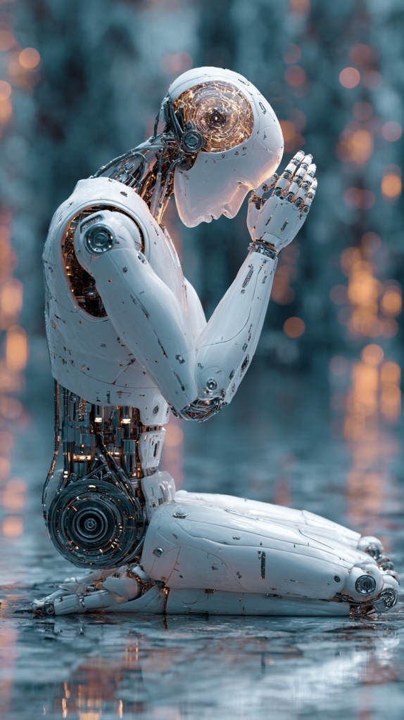 A humanoid robot in a contemplative pose, symbolizing the intersection of technology and human experience.