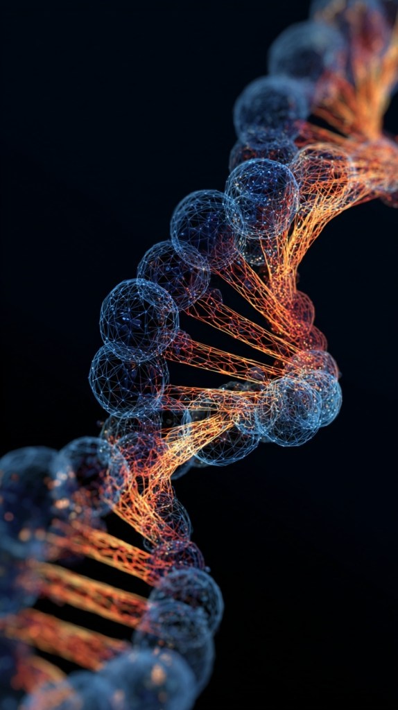 A stylized representation of a DNA double helix with glowing connections, symbolizing the concept of epigenetics in AI.