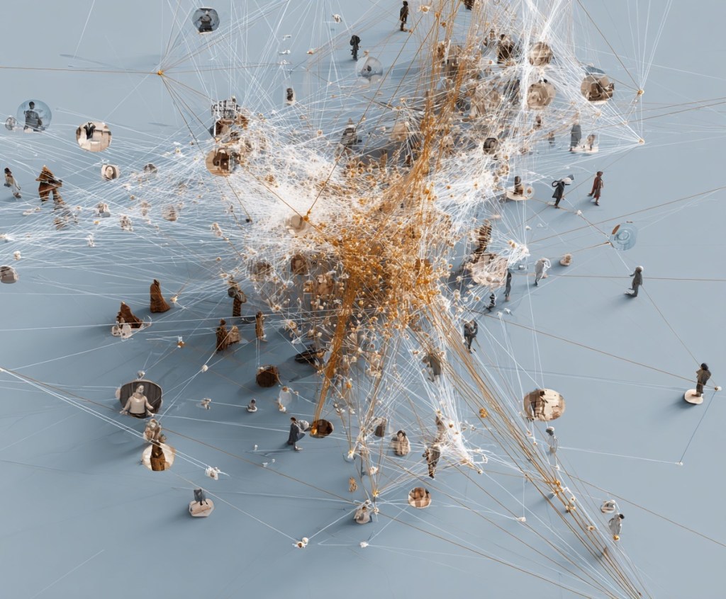 An abstract representation of a network with numerous interconnected nodes and human figures, depicting complex interactions in a cognitive user experience context.