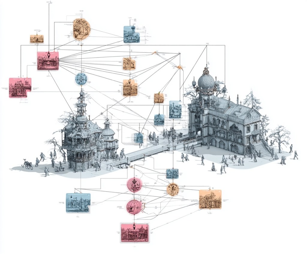A detailed visual map displaying interconnected buildings and diagrams, illustrating cognitive processes and user interactions within a system.