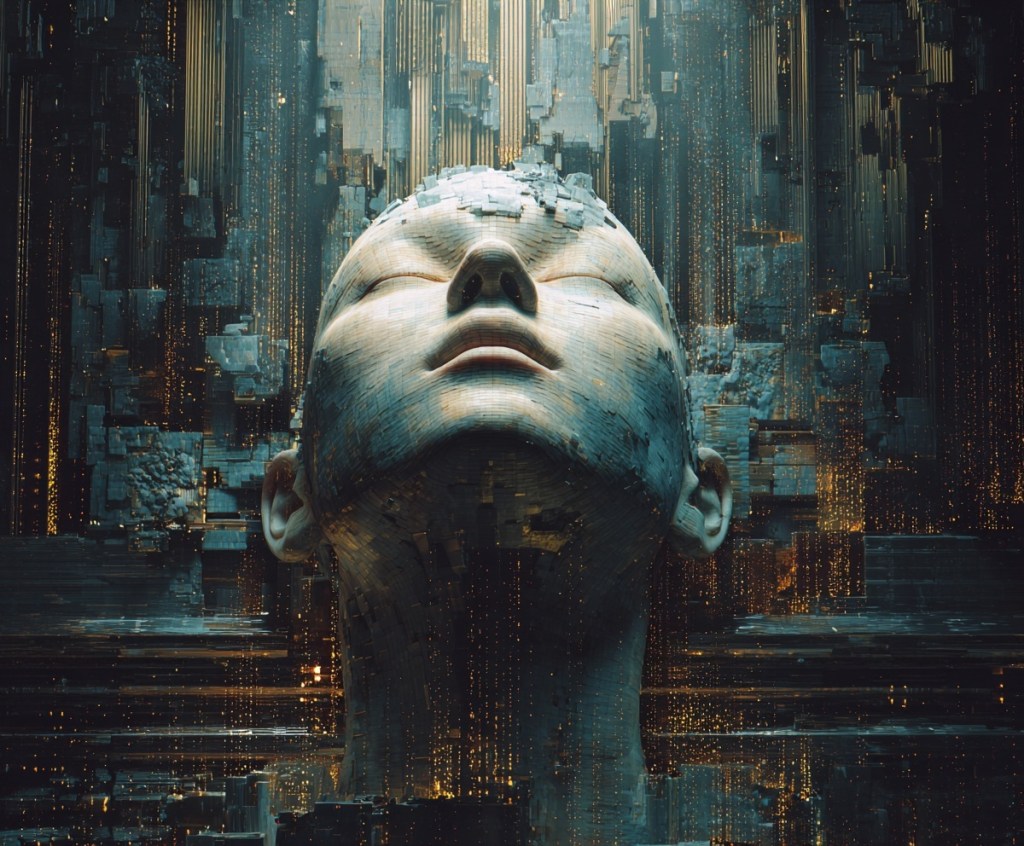 A digital representation of a serene human-like face surrounded by abstract, luminous patterns and structures, symbolizing the concept of metacognition and self-awareness in learning.