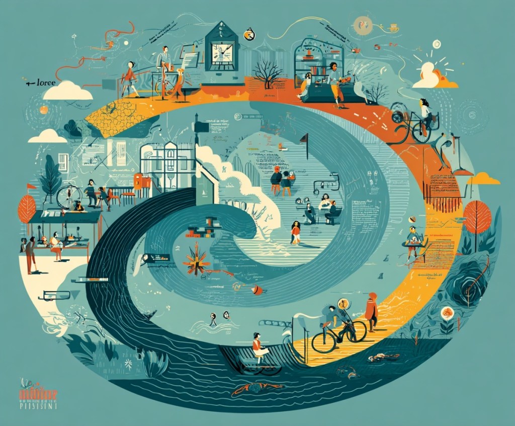An illustrated collage depicting various activities and interactions among people in different environments, illustrating themes of learning, collaboration, and technology integration.