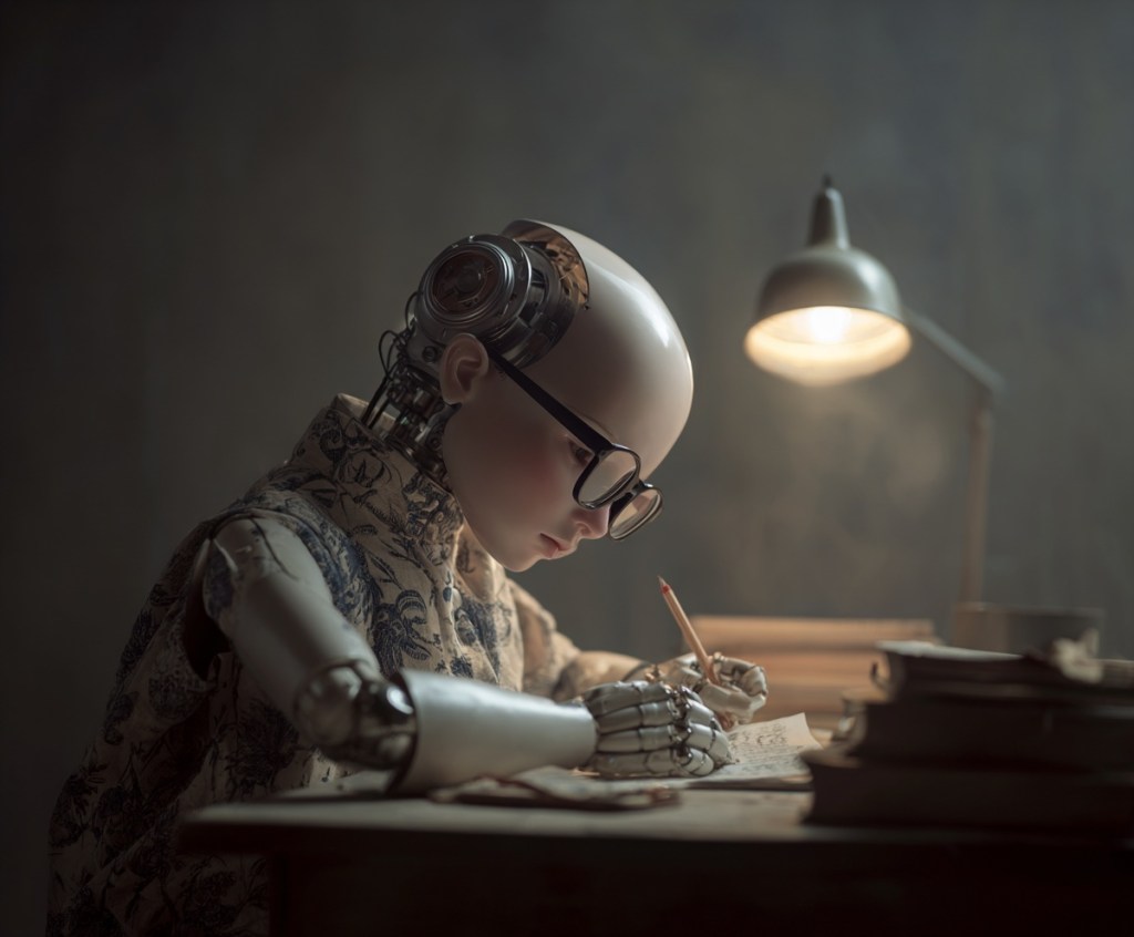 A robot child with glasses and headphones sits at a desk, writing with a pencil on paper, surrounded by books and a warm lamp light.