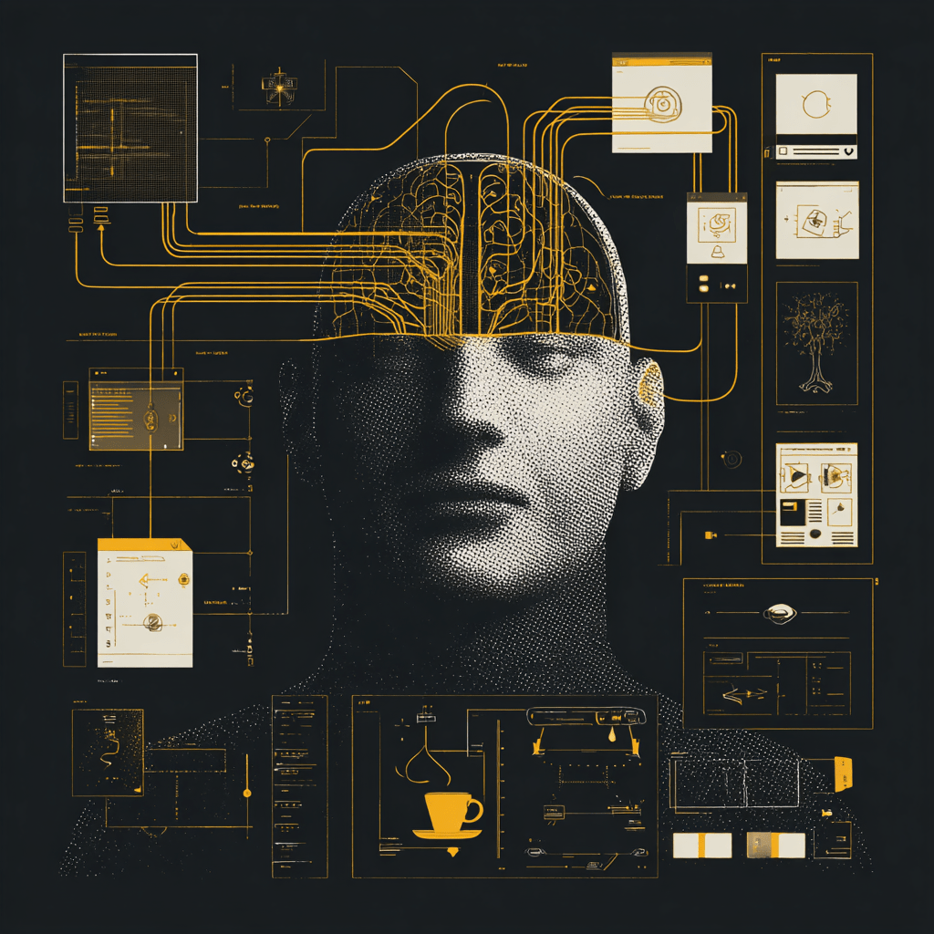 Illustration of a human head with a detailed brain and interconnected digital interfaces, showcasing concepts of cognitive design and artificial intelligence in user experience.