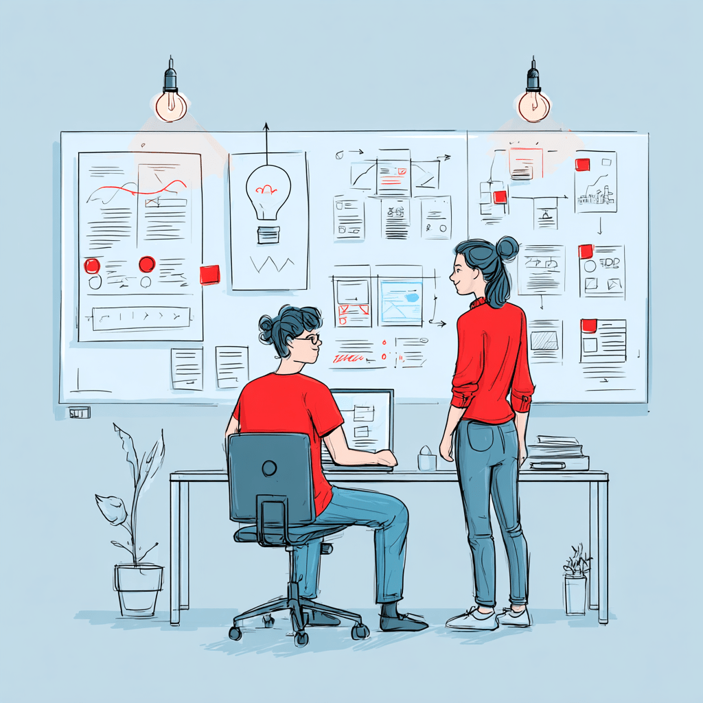 Two individuals collaborating at a workspace covered with design documents and diagrams, discussing ideas related to user experience and cognitive design.